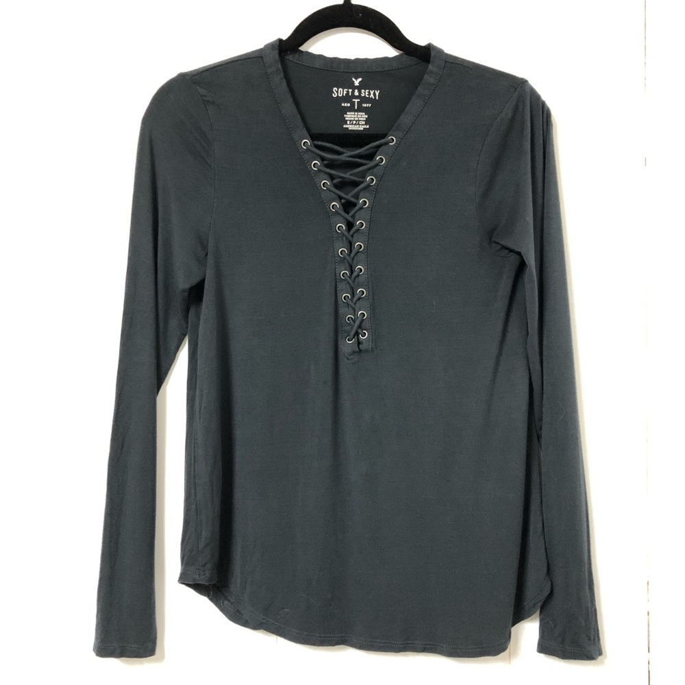 AEO Soft & Sexy Faux Lace Up Charcoal Grey Top